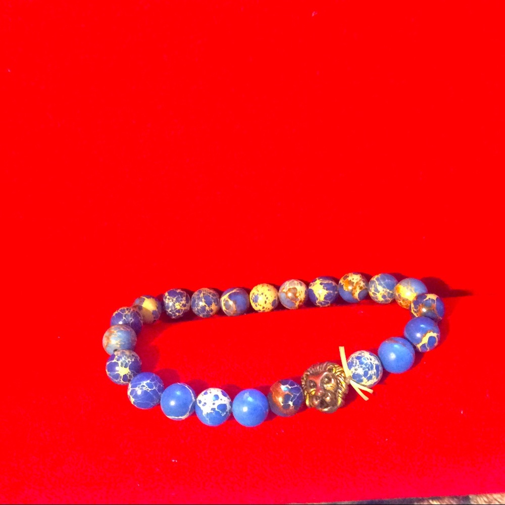 Lions head bead swirl Gemstone mosaic stretch bracelet Vtg Agate?